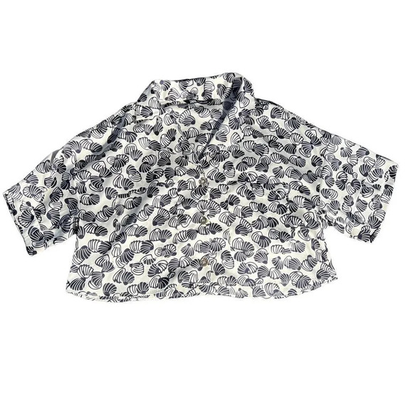 Zara Clamshell Silky White & Navy Relaxed Fit Button Front Crop Top‎ Size Large - Picture 3 of 4